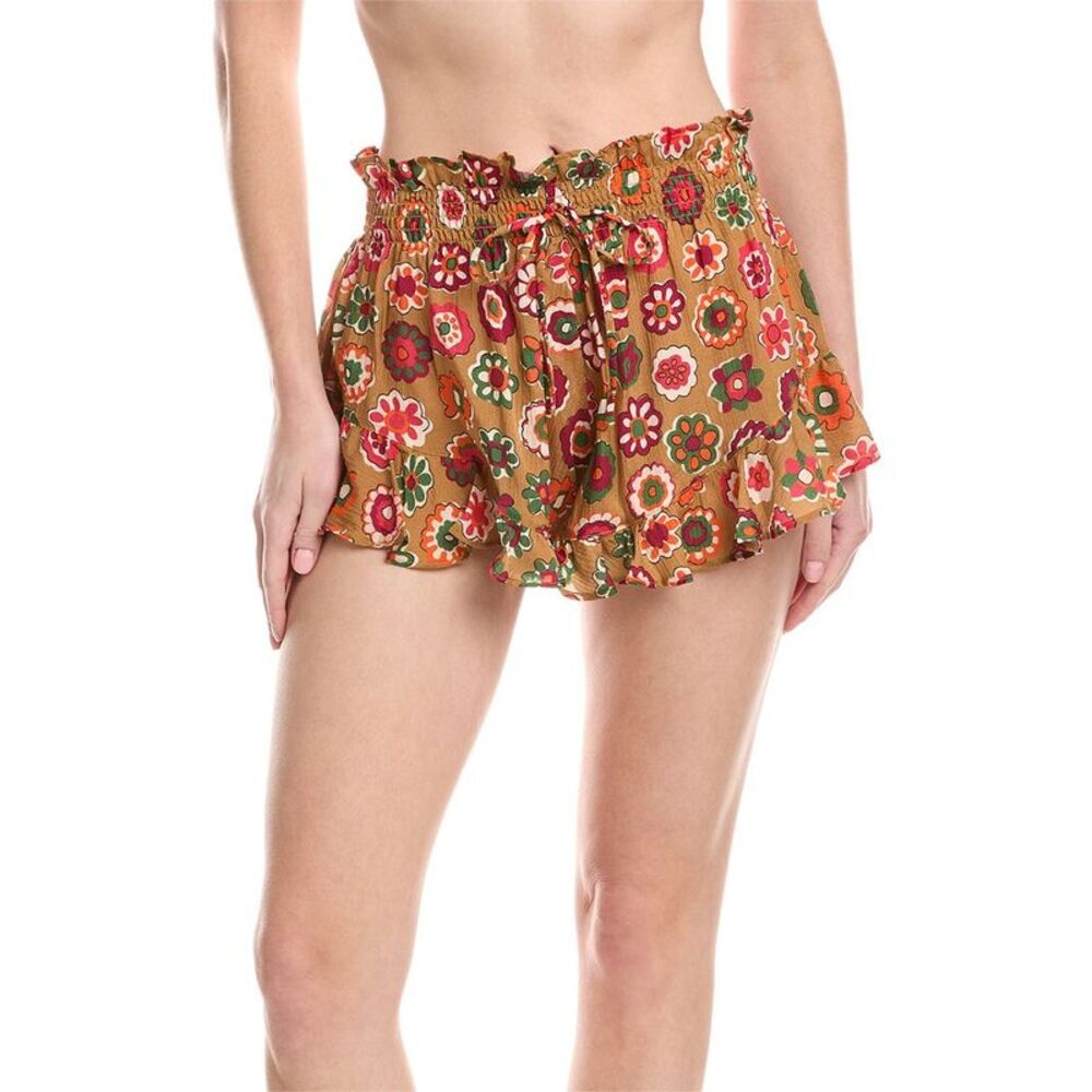 Montce Floral Tie-Waist Swim Coverup Shorts in Mustard Multi